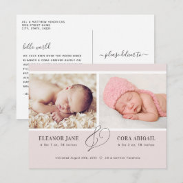 Rosa Modern Twin Girls Foto Birth Notice Vykort