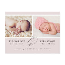 Rosa Modern Twin Girls Foto Birth Notice