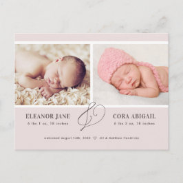Rosa Modern Twin Girls Foto Birth Notice Vykort
