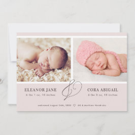 Rosa Modern Twin Girls Photo Birth Meddelande