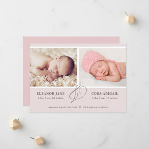 Rosa Modern Twin Girls Photo Birth Meddelande