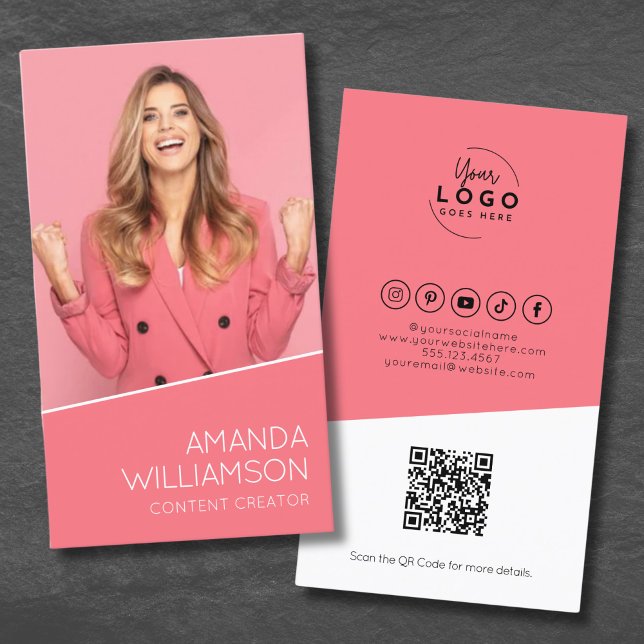 Rosa Modernt Foto Din Logotyp Visitkort (Pink Modern QR Code Your Logo Business Card)