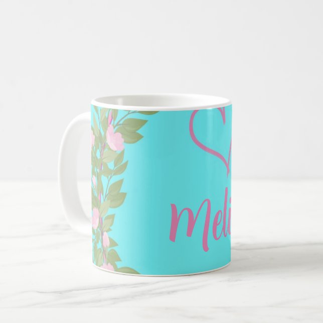 Rosa modernt manus girligt monogramnamn  kaffemugg (Framsida vänster)