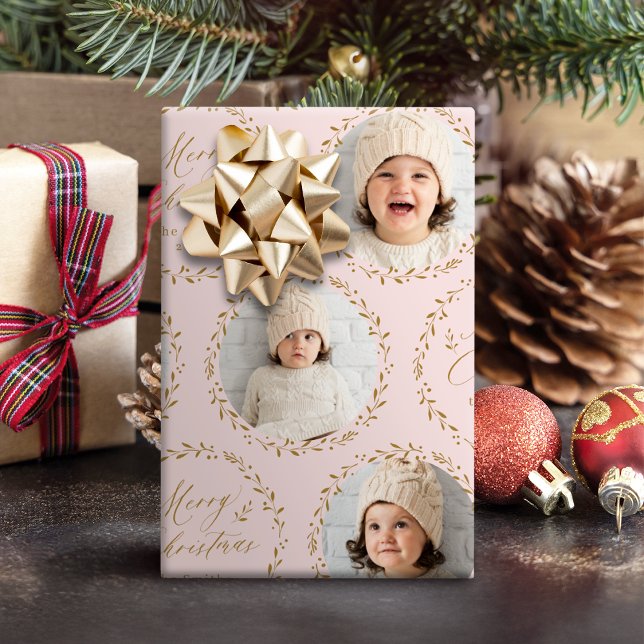 Rosa modernt manus Merry Christmas Familj 6 foto Presentpapper (Pink Modern Script Merry Christmas Family 6 photo Wrapping Paper)