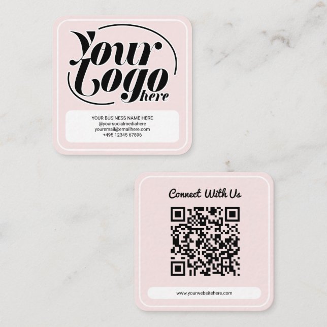Rosa Modernt Vitt Anpassat Logotyp QR-kod Fyrkantigt Visitkort (Fram/baksida)