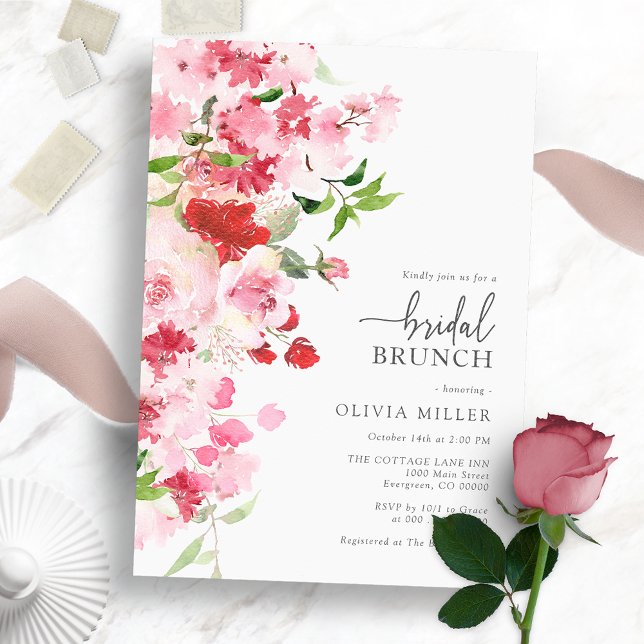 Rosa Möhippa Brunch-inbjudan Inbjudningar (Red Pink Bridal Brunch Invitation - Watercolor Floral)