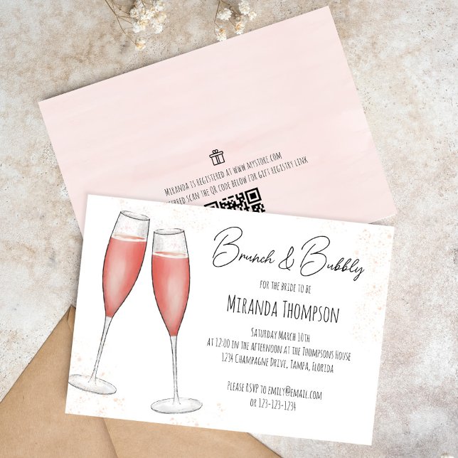 Rosa Möhippa Brunch Shower QR Code Gift Registry Inbjudningar (Brunch and bubbly bridal shower invitation )