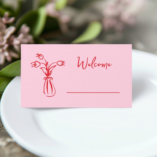 Rosa Möhippa för Whimsical Scribble Doodle Placeringskort (pink and red hand drawn bridal shower place card with whimsical vase of flowers illustration)
