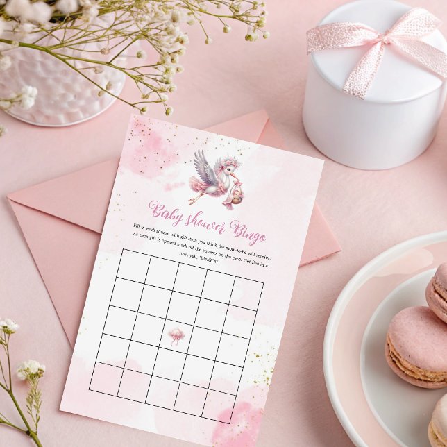 Rosa moln Baby Shower Bingo med storkdesign (Skapare uppladdad)