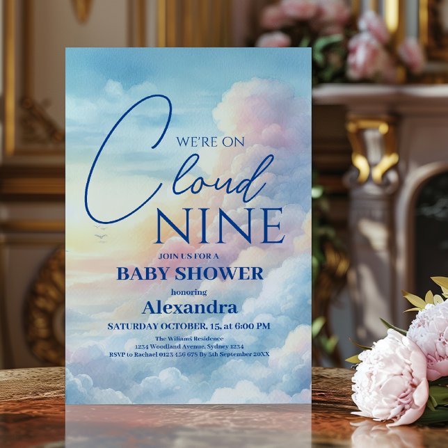 Rosa moln nio vattenfärg baby shower inbjudningar (Skapare uppladdad)