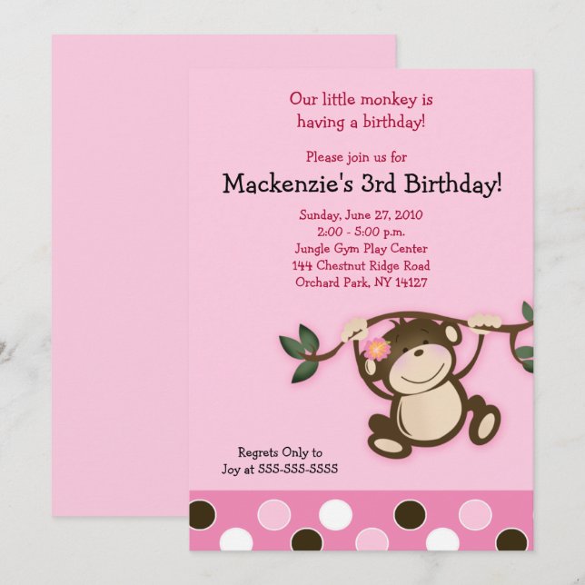 Rosa Monkey Girl Birthday bjudande Inbjudningar (Fram/baksida)