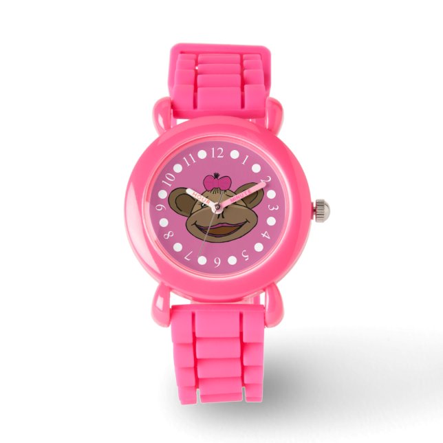 Rosa Monkey Girls Glitter Watch Armbandsur (Framsida)