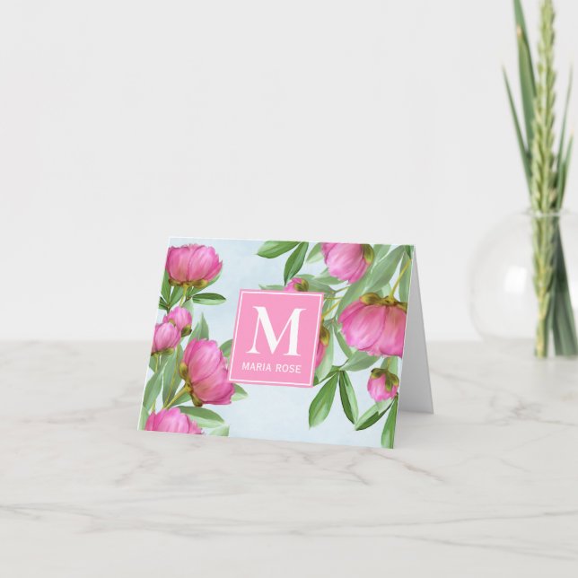Rosa Monogram Anpassningsbar Blommigt Greenery Peo Anteckningskort (Framsida)