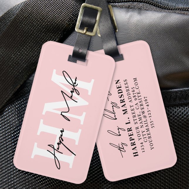 Rosa Monogram Bagagebricka (Blush Pink Elegant Girly Monogram Name Luggage Tag)