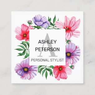 Rosa Monogram Blommigt Girly Cute Personlig Fyrkantigt Visitkort