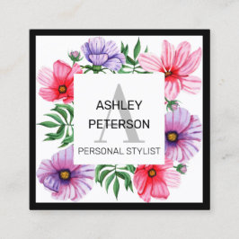 Rosa Monogram Blommigt Girly Cute Personlig Fyrkantigt Visitkort