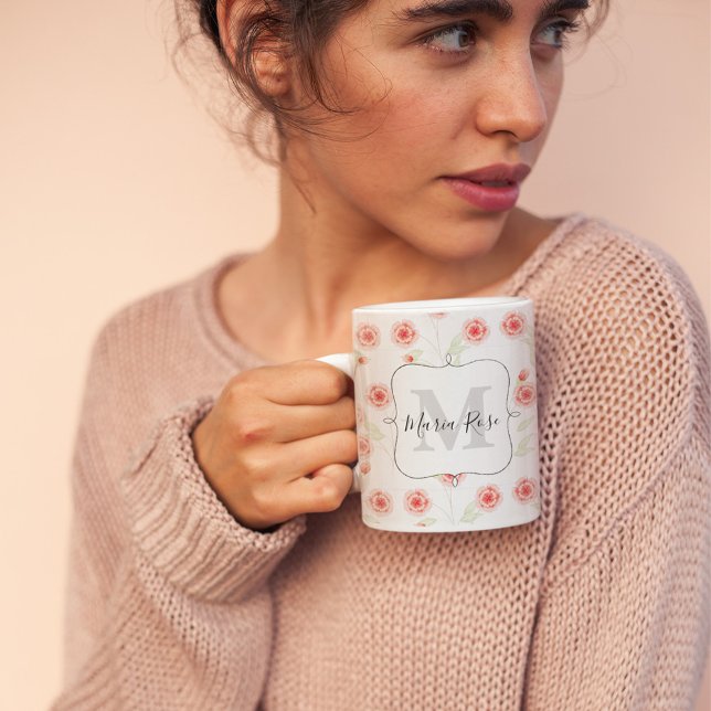 Rosa Monogram Blommigt Personlig Kaffemugg (Pink floral monogram custom mug. )