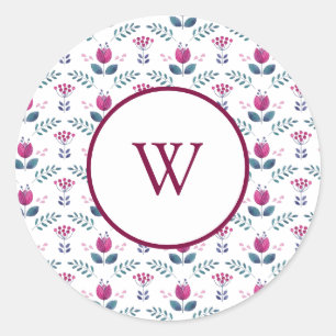 Rosa Monogram Blommigt vattenfärgsdesign Runt Klistermärke