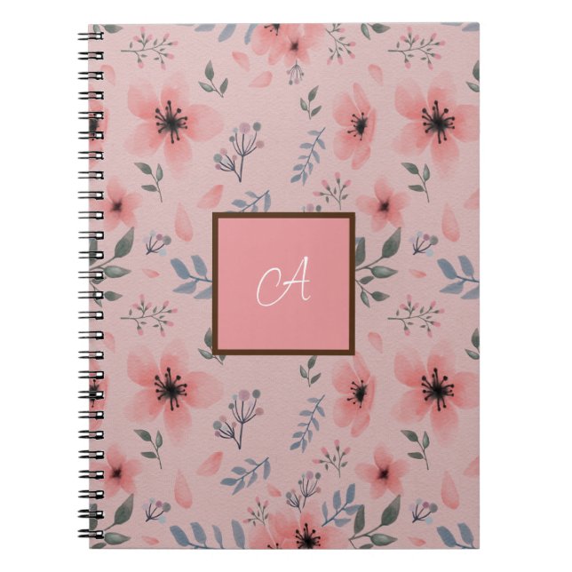 Rosa Monogram Blommönster Simple Boho Vintage Anteckningsbok (Framsidan)