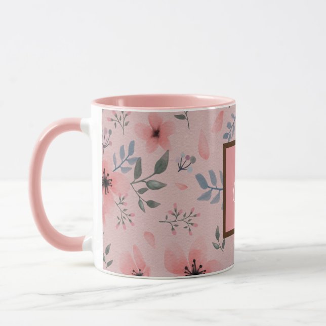 Rosa Monogram Blommönster Simple Boho Vintage Mugg (Vänster)
