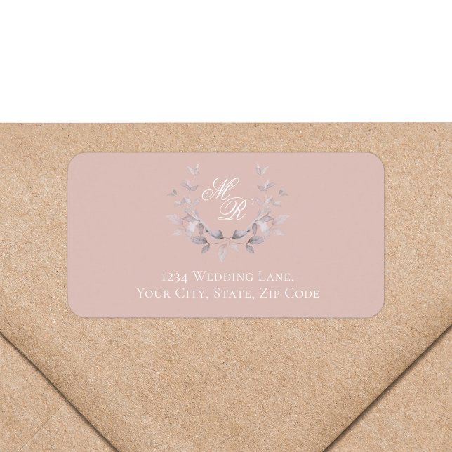 Rosa monogram botaniskt returadress adressetikett (Blush pink monogram return address label with romantic botanical wreath)