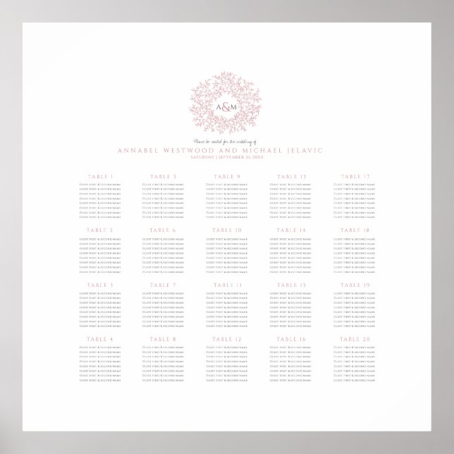 rosa monogram bröllop 20 bord sittplatsplan poster (Framsidan)