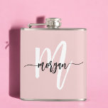 Rosa, monogram, cute Girly-skript Fickplunta<br><div class="desc">Fira i stil med vår Rosa och svart Monogram Girly Bachelorette-kolv! Den här chicen har en elegant svart design med ett monogram för rosa, vilket gör att du får en personlig att röra vid dina reklamfestligheter. Den är gjord av rostfritt stål av hög kvalitet och är hållbar och har perfekt...</div>