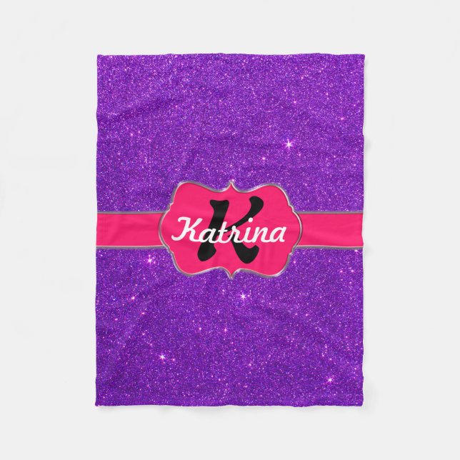Rosa Monogram för neon på lilaglitter Fleecefilt (Framsidan)