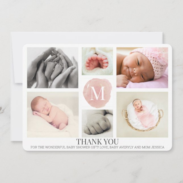 Rosa monogram fotokollage baby tackkort meddelande (Framsida)