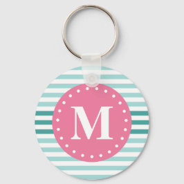 Rosa Monogram från Aqua Blue Stripe Mönster Nyckelring