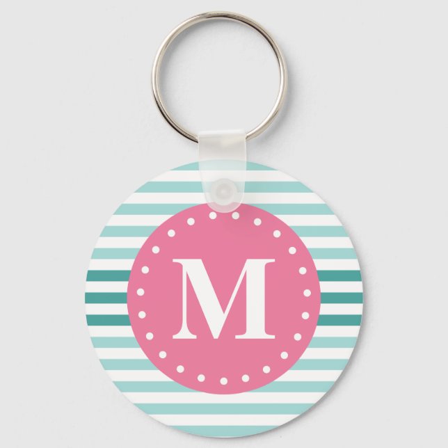 Rosa Monogram från Aqua Blue Stripe Mönster Nyckelring (Framsida)