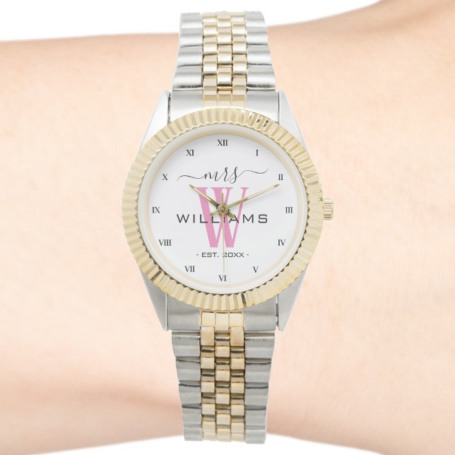 Rosa monogram fru brud fru mrs bröllopsjubileum armbandsur (mrs wife monogram roman numeral two tone watch)