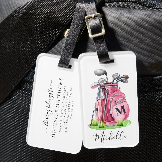 Rosa monogram golfväska bagagebricka (Pink Monogram Golf Bag Luggage Tag)