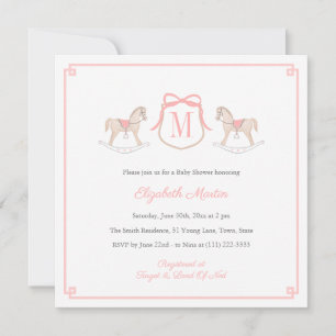 Rosa monogram gunghäst baby girl shower inbjudningar