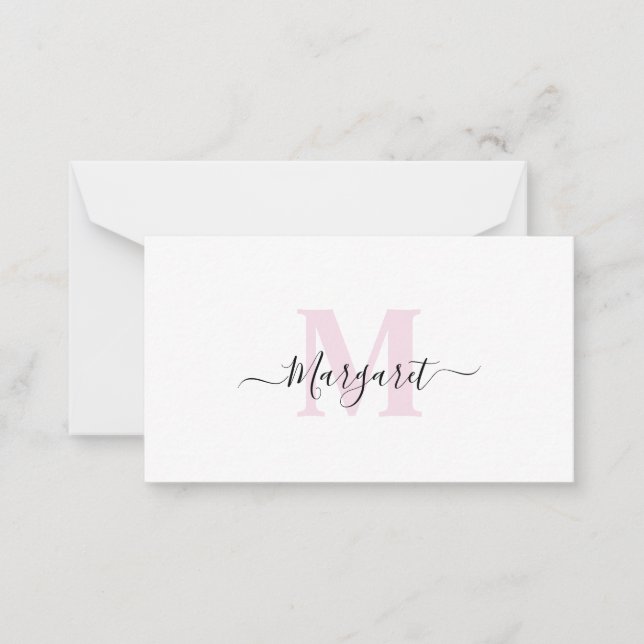 Rosa Monogram Handskriven Namnskrift Anteckningskort (Framsida)