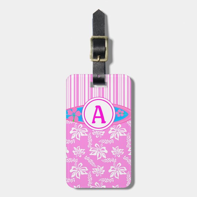 Rosa Monogram Hawaii Flower och Surfboard Beach Bagagebricka (Vertikal Framsida)