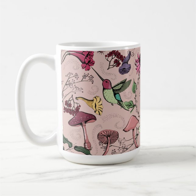  Rosa Monogram Hummingbird & Flowers Garden Kaffemugg (Vänster)