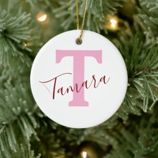 Rosa monogram julgransprydnad | Anpassat namn Keramik