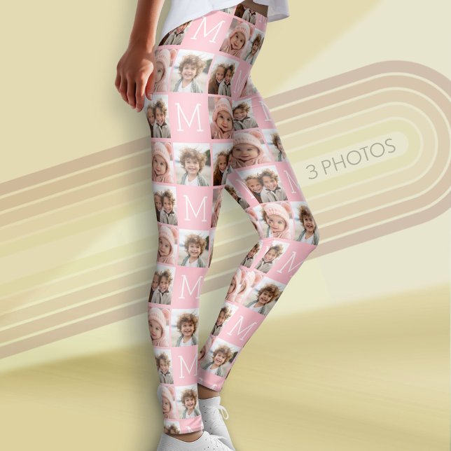  Rosa Monogram med Anpassningsbar 3 Photo Collage Leggings (Custom Photo Leggings)