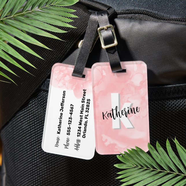 Rosa monogram med initialer i akvarellstil bagagebricka (Cute Pink Watercolor Initial Monogram Luggage Tag)