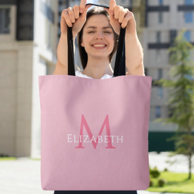 Rosa monogram modern namn initial shoppingväska tygkasse (Pink Monogram Modern Name Initial Tote)