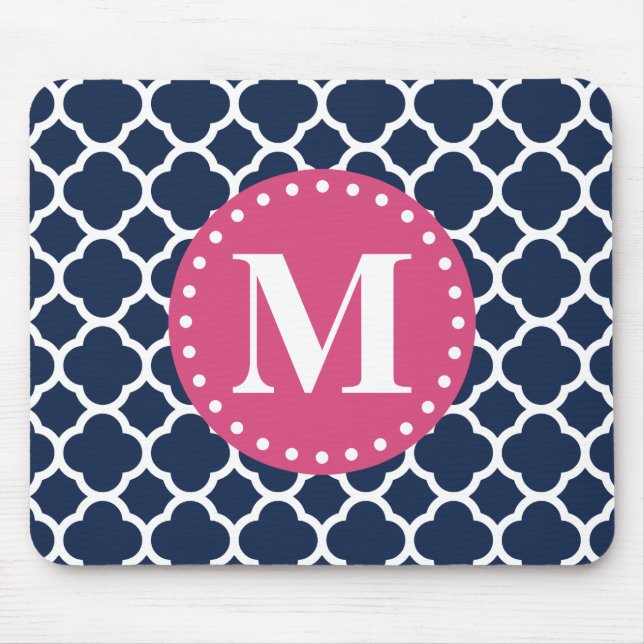 Rosa Monogram Navy Quatrefoil Mönster Musmatta (Framsidan)
