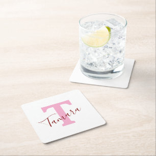 Rosa monogram papper underlägg Anpassat namn Kvadrat