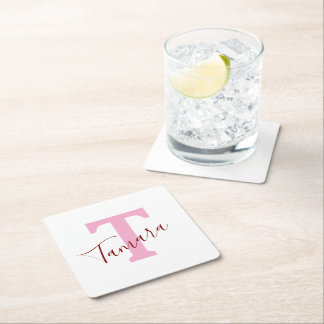 Rosa monogram papper underlägg | Anpassat namn Kvadrat
