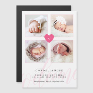 Rosa Monogram Photo Collage Baby annons Magnetisk Inbjudningskort