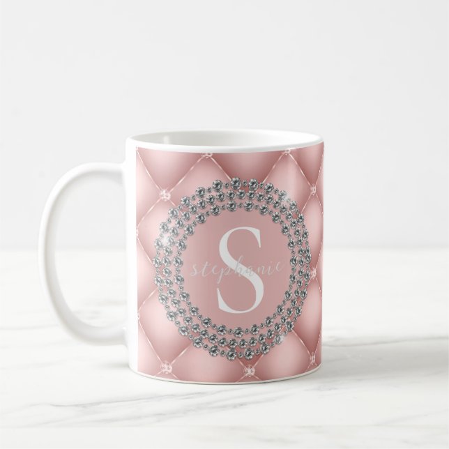  Rosa Monogram Sparkly Diamonds Tuftad Anpassnings Kaffemugg (Vänster)