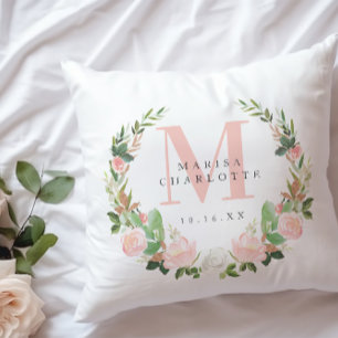 Rosa Monogram Vattenfärgad Blommigt Utandning Nurs Kudde