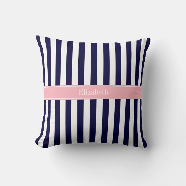 Rosa Monogram vid marinblå Rand, Namn Kudde (Framsida)