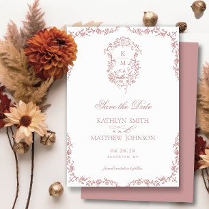 Rosa Monogram Vintage Vapensköld Bröllop Spara Datumet