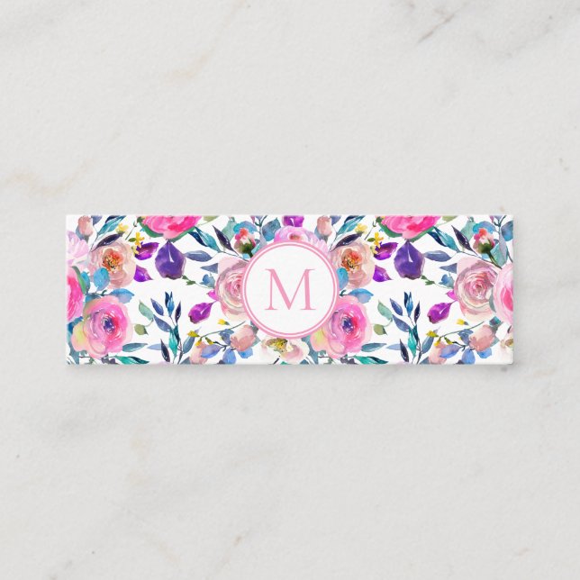 Rosa Monogram Watercolor Flowers Mini Visitkort (Framsida)